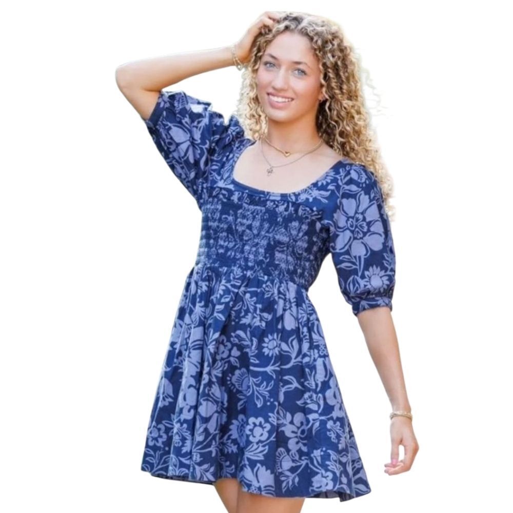 Free People Dear Delilah Blue Floral Smocked Blue Puff Sleeve Mini Dress